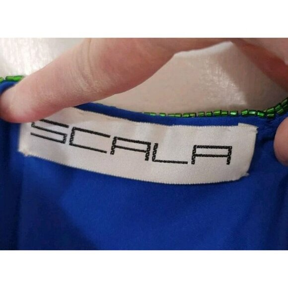 Size PM Vintage Scala 100% Silk Fully Beaded Green Blue Low Back Dress Stunning - Picture 3 of 7